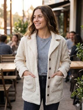 LIV Outdoor Cream Teddy Button-Down Coat with Patch Pockets